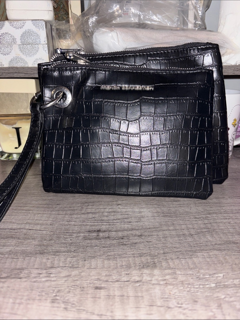 French Connection Black Croc-Embossed Wristlet Clutch